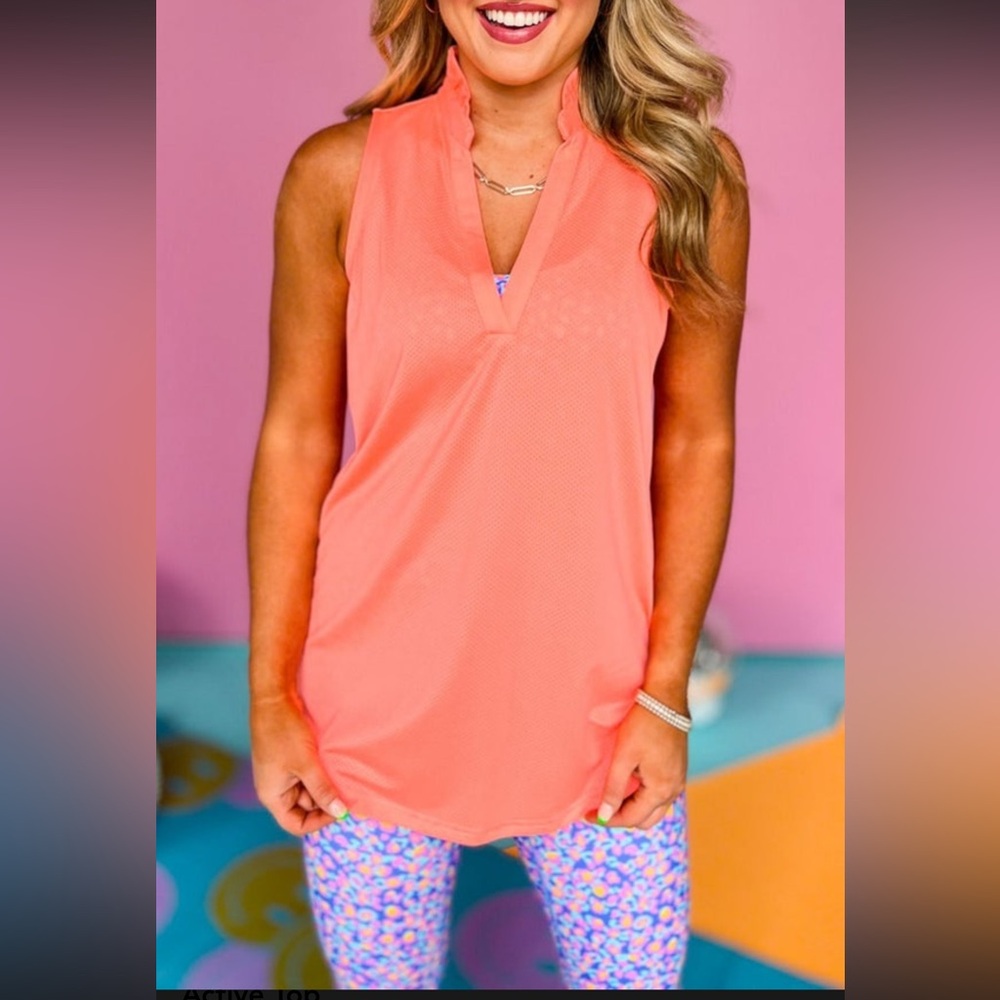 SSYS Aqua OR Bright Melon Sleeveless Frill V Neck Active Top - Picture 9 of 10